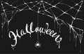 White spider and white spiderweb on black background. Halloween lettering text for greeting card