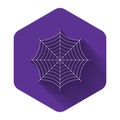 White Spider web icon isolated with long shadow. Cobweb sign. Purple hexagon button Royalty Free Stock Photo