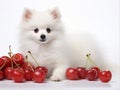 white spitz puppy sitting between red cherry fruits