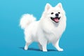 White spitz watercolor portrait painting. Illustrated dog puppy, isolated on blue background. AI Generated Royalty Free Stock Photo