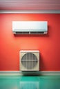 White Split Air Conditioner System on Red Wall with Reflective Teal Floor split system HVAC Royalty Free Stock Photo