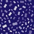 White Sponge with bubbles icon isolated seamless pattern on blue background. Wisp of bast for washing dishes. Cleaning