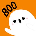 White spooky ghost spirit in the corner. Boo text. Happy Halloween. Cute cartoon scary character. Smiling face, hands. Orange Royalty Free Stock Photo