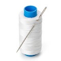White Thread Spool with Blue Caps and Two Sewing Needles on a White Background image Royalty Free Stock Photo