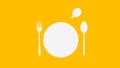 White Spoon and fork and plate and cup on yellow color