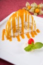 White spoonge peice of cake with orange syrup Royalty Free Stock Photo