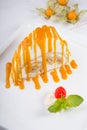 White spoonge peice of cake with orange syrup Royalty Free Stock Photo