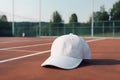 White sport cap with space for mock up lies on tennis court