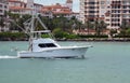 White sport fishing boat with flying bridge