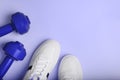 White sport sneakers shoes and blue dumbbells on the blue background. Royalty Free Stock Photo