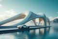 White sports car on a futuristic bridge over water with a mountain landscape in the distance.