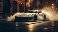 A white sports car performing a burnout v Royalty Free Stock Photo