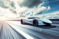 A white sports car speeds down the road, showcasing its sleek design and power, A modern sports car speeding down an open highway
