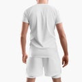 White sportswear mockup, loose shorts with underpants compression line, t-shirt on a man, isolated on background