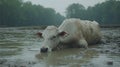 White Spotted Cow in a Muddy Waterlogged Field Royalty Free Stock Photo