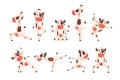 White spotted cow set, farm animal character doing sport exercise vector Illustrations on a white background