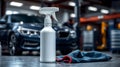 White spray bottle with cleaning cloth on workbench in workshop environment, sanitation concept. Royalty Free Stock Photo