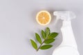 White spray bottle with natural homemade household cleaner or air freshener made with lemon over light gray background Royalty Free Stock Photo