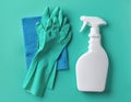 White spray bottle, rubber gloves and cleaning cloth Royalty Free Stock Photo