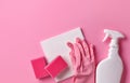 White spray bottle, rubber gloves and sponge Royalty Free Stock Photo