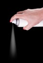 White spray can isolated on black background on woman hand, Aerosol Spray Can, Metal Bottle Paint Can Realistic photo image Royalty Free Stock Photo