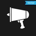 White Spread the word, megaphone icon isolated on black background. Vector Illustration