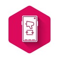 White Spread the word, megaphone on mobile phone icon isolated with long shadow. Pink hexagon button. Vector