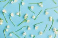 White spring flowers on blue flat lay. Floral trendy pattern. Hello spring. Stylish greeting card. Happy womens day concept. Happy Royalty Free Stock Photo