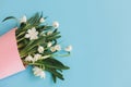 White spring flowers in pink cone on blue background flat lay. Hello spring. Stylish greeting card. Happy womens day concept. Royalty Free Stock Photo
