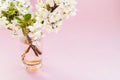 White spring flowers in a transparent vase, pink background