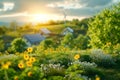 white springflower field with a windmill in the green landscape at the sunset Royalty Free Stock Photo