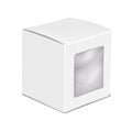 White square paper box with clear plastic window mockup. Empty cube paperboard container with tuck-in flap mock-up