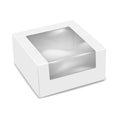 White square paper box with clear plastic window to display product mockup. Empty paperboard bakery box template