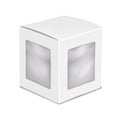 White square paper box with two clear plastic windows to display product. 3d mockup. Empty cube paperboard container