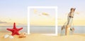 White square paper frame on beach sand surrounded by sea star, shells and message in the bottle Royalty Free Stock Photo