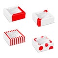 White square paperboard window box with various red color design mock-up set. Cardboard package with clear plastic window