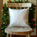 White Square Pillow Mockup on Rustic Chair Christmas Garland Decor Royalty Free Stock Photo