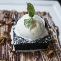 Desert Carmel covered plate walnuts almonds hot chocolate brownie with vanilla icecream and mnit leaves Royalty Free Stock Photo