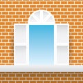 White square window orange brick home wall and blue sky background.