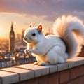 White squirrel with pricked ears and fluffy tail on the parapet of a building in the sun's rays