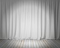 White stage curtain with wooden floor, background