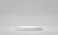 White stage podium background. Mockup of empty circular platform on white. Abstract geometric pedestal. 3D rendering