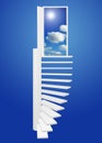 White staircase leading to a door that opens up to the sky on a blue background Royalty Free Stock Photo