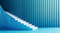 A white stairway leading up to a blue wall with waves, AI