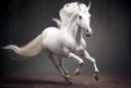 White stallion in action galloping on ground with dark background Royalty Free Stock Photo