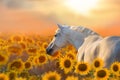 White horse portrait in sunflowers