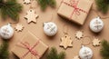 Rustic Christmas Flat Lay with Gifts and Natural Ornaments Royalty Free Stock Photo