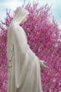 white Statue of virgin holy Maria with spring tree blossom background