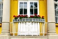 white steel picket balustrade. old French balcony. red geranium in planters. yellow stucco exterior detail. Royalty Free Stock Photo