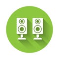 White Stereo speaker icon isolated with long shadow. Sound system speakers. Music icon. Musical column speaker bass